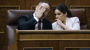 El líder de VOX, Santiago Abascal (i) junto a la portavoz, Pepa Millán durante el pleno extraordinario del Congreso.