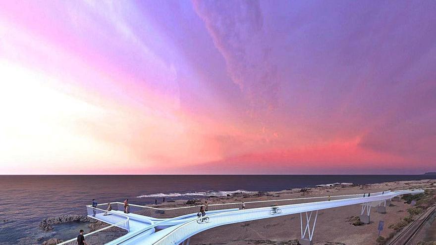 Tres imágenes virtuales de cómo quedará la pasarela que sorteará las vías del tren para conectar la avenida de Elche con Urbanova.