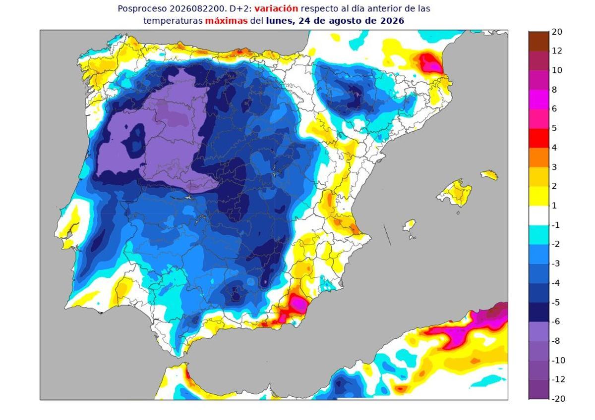 Mapa térmico con la variación de las temperaturas del 24 de agosto