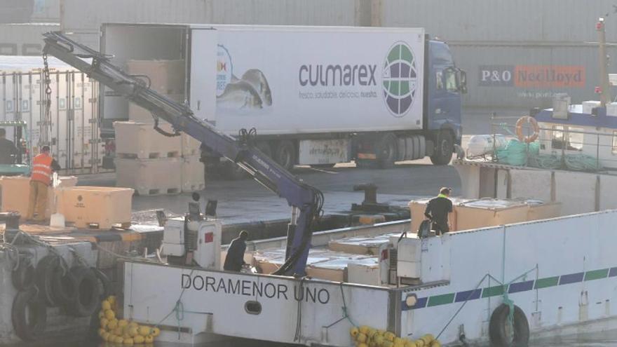 Un camión de Culmarex carga pescado en Cartagena.