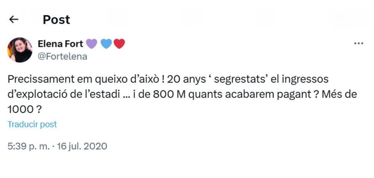 El tuit de Elena Fort en julio de 2020