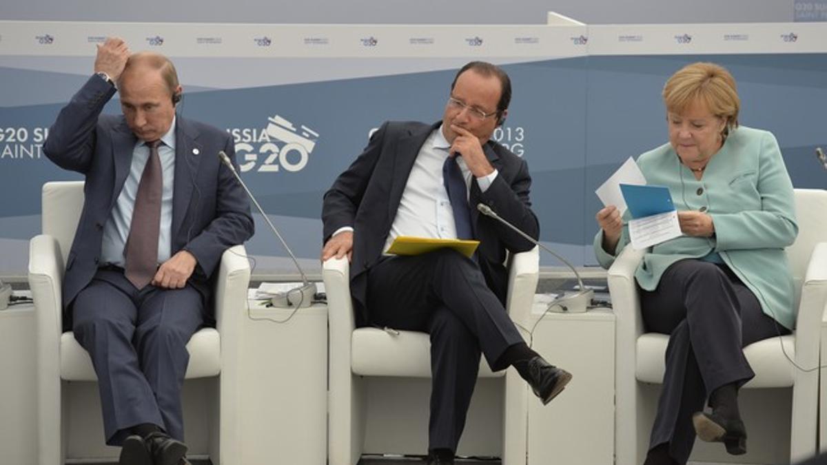 Vladimir Putin, François Hollande y Angela Merkel, este viernes, en la cumbre del G-20.