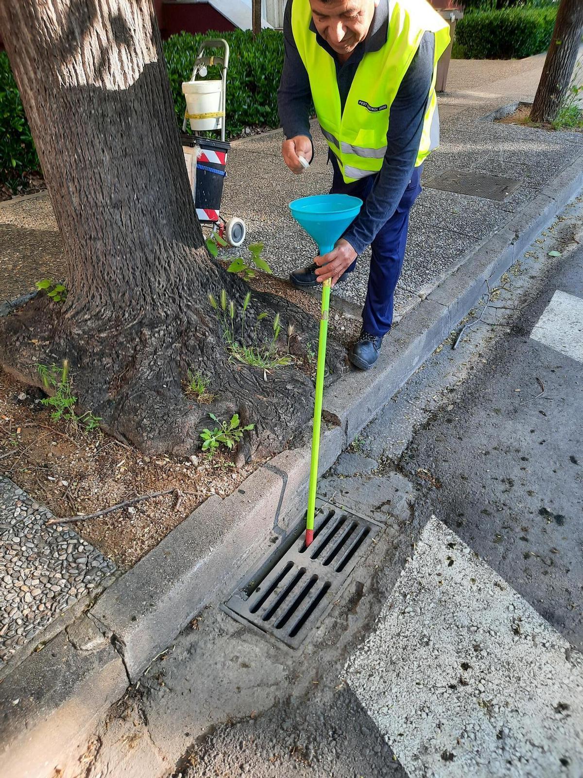 Un operari aplicant productes per combatre el mosquit tigre.