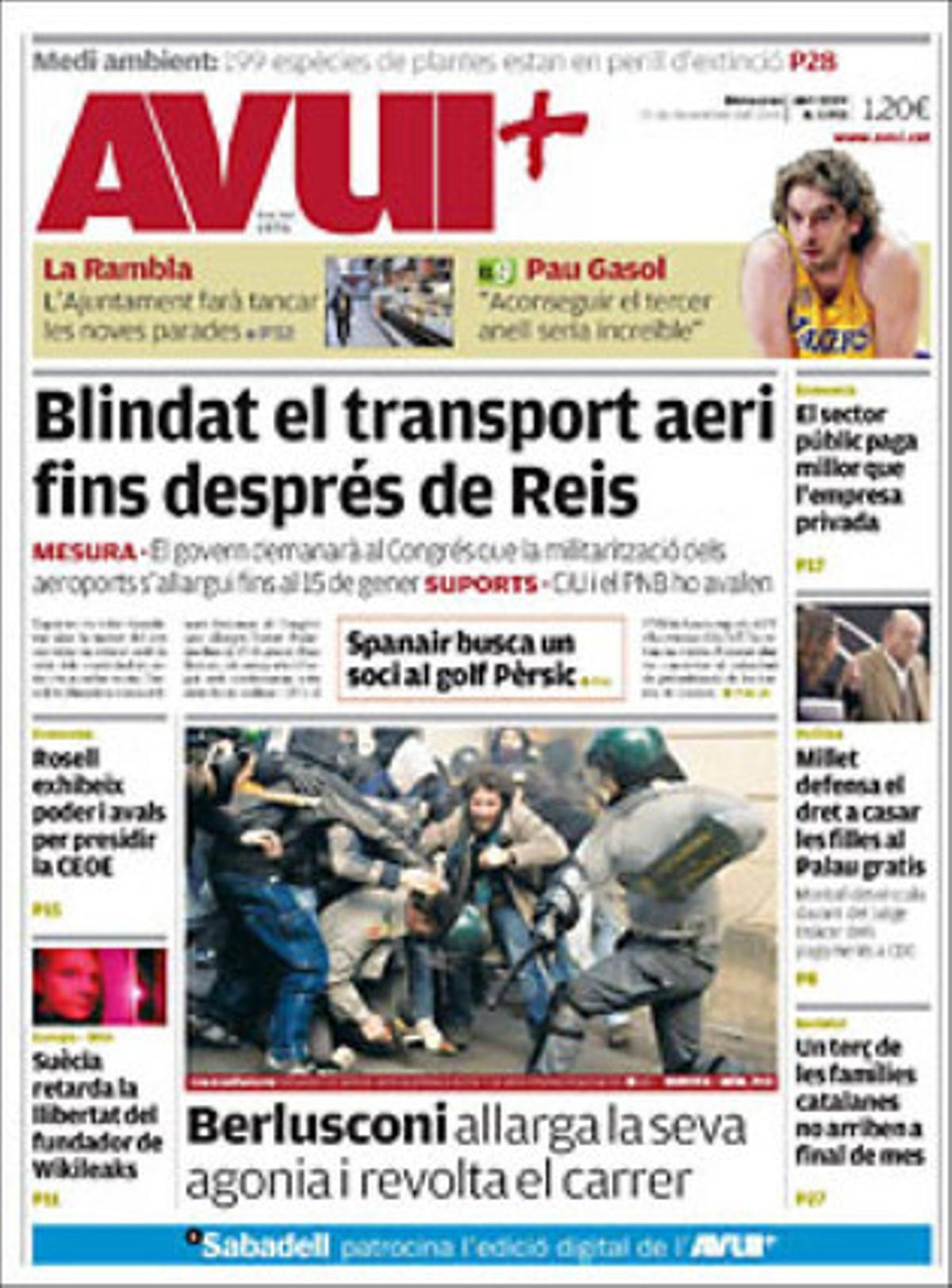 ’Avui’ destaca a més que Spanair busca als Emirats Àrabs un soci industrial fort, que el sector públic espanyol paga més als seus treballadors que les empreses privades, i que una nova concessionària --Invicat, creada per Abertis-- gestionarà les autopistes catalanes en lloc d’Acesa.