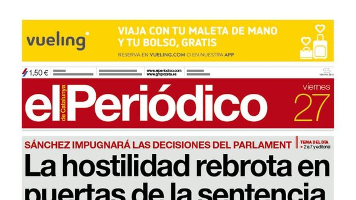 La portada de EL PERIÓDICO del viernes 27 de septiembre del 2019.