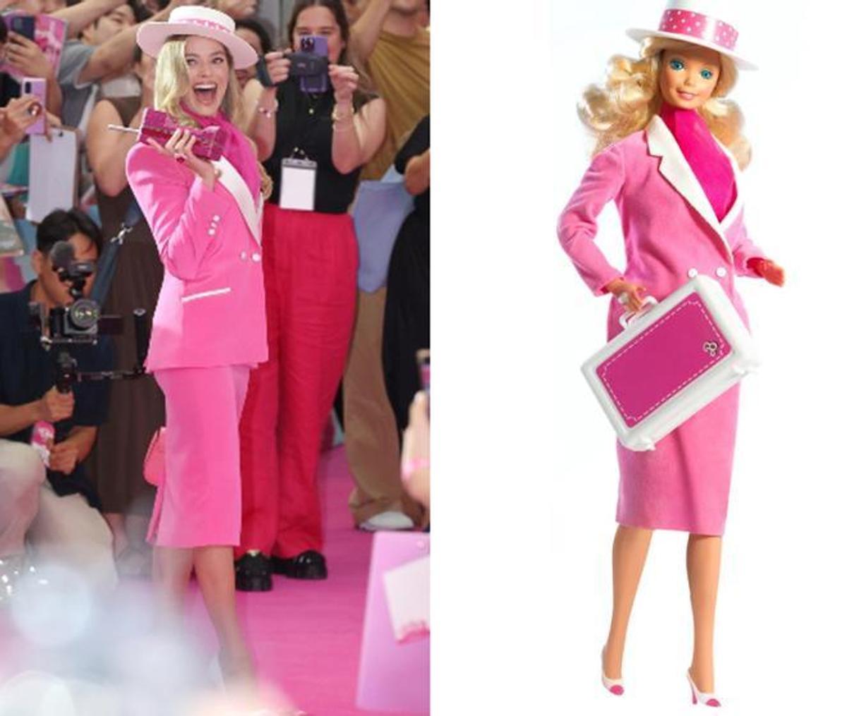Margot Robbie, con un conjunto de Versace imitando a la Barbie del 'Día a la Noche' de 1985.