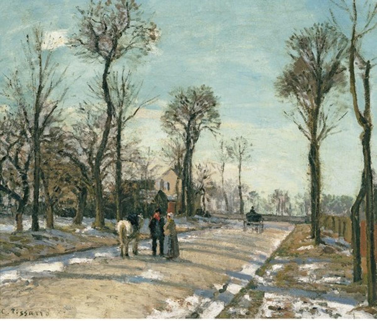 ’Camí de Versalles, Louveciennes, sol d’hivern i neu’, c. 1870, de Camille Pissarro. Oli sobre llenç. 46 x 55,3 cm. Col·lecció Carmen Thyssen-Bornemisza, en dipòsit al Museu Thyssen-Bornemisza, Madrid