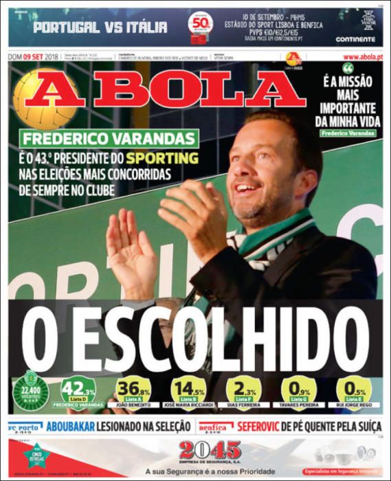 Portada A BOLA domingo 9 septiembre 2018