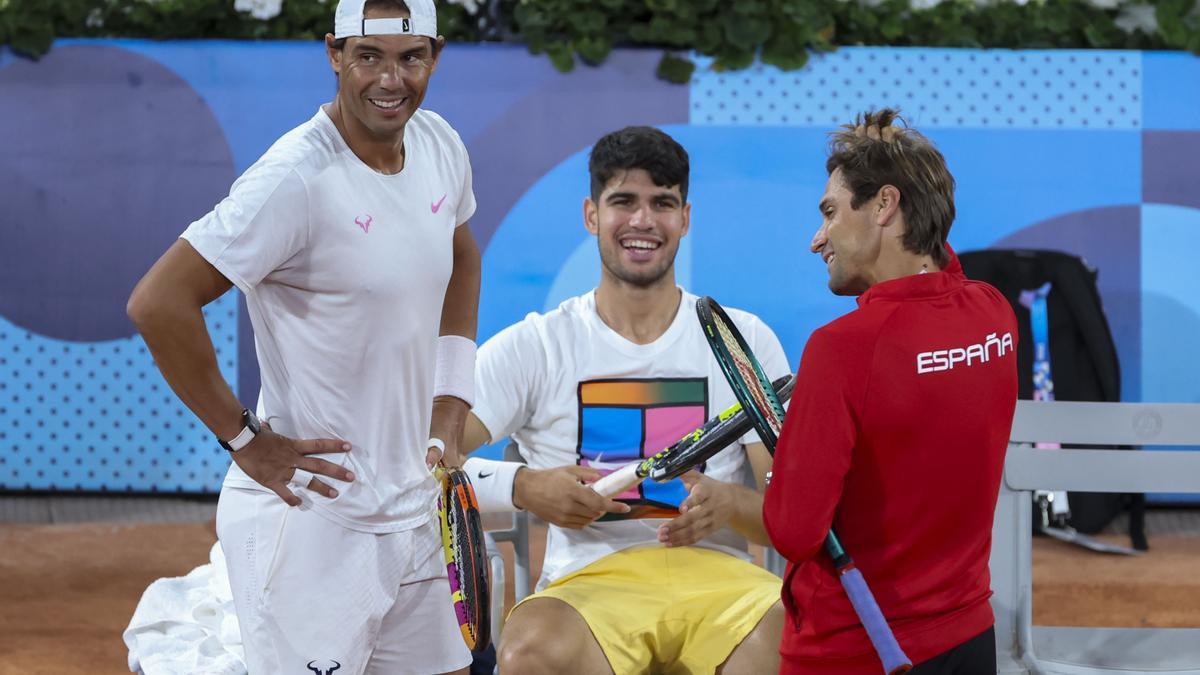 Rafa Nadal, Carlos Alcaraz y David Ferrer, este viernes.