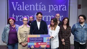 El candidato de Podemos a la Alcaldía de Madrid, Roberto Sotomayor, comparece en una rueda de prensa durante el seguimiento de la jornada electoral en la sede de Podemos, a 28 de mayo de 2023, en Madrid (España)