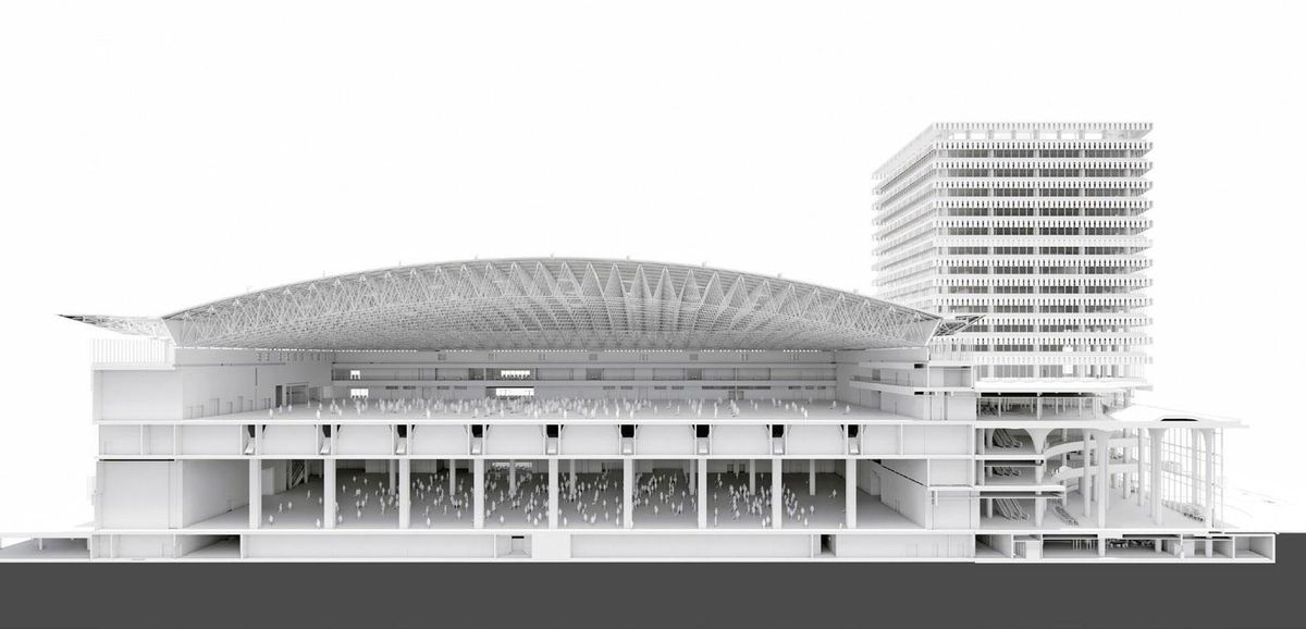 Sección arquitectónica del futuro edificio Hall Zero de la Fira Gran Via 1 Sección arquitectónica del futuro edificio Hall Zero de la Fira Gran Via 1