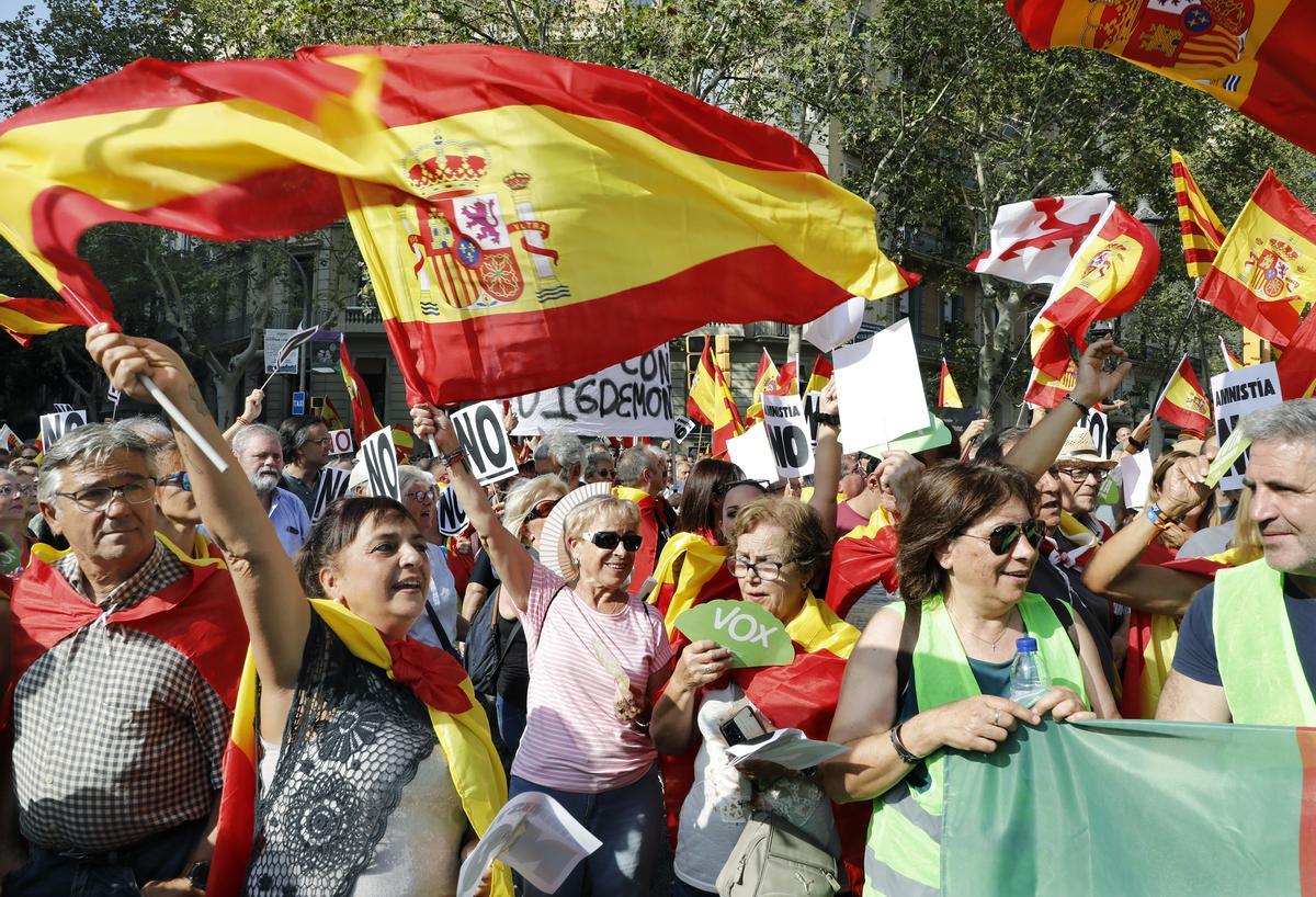 Miles de personas participan este domingo en el centro de Barcelona en una manifestación convocada por Societat Civil Catalana en contra de la amnistía para los implicados en el proceso soberanista de 2017 en el marco de la investidura de Pedro Sánchez, una protesta que cuenta con el apoyo de los máximos dirigentes del PP, Vox y Ciudadanos.VIDEO: EFE