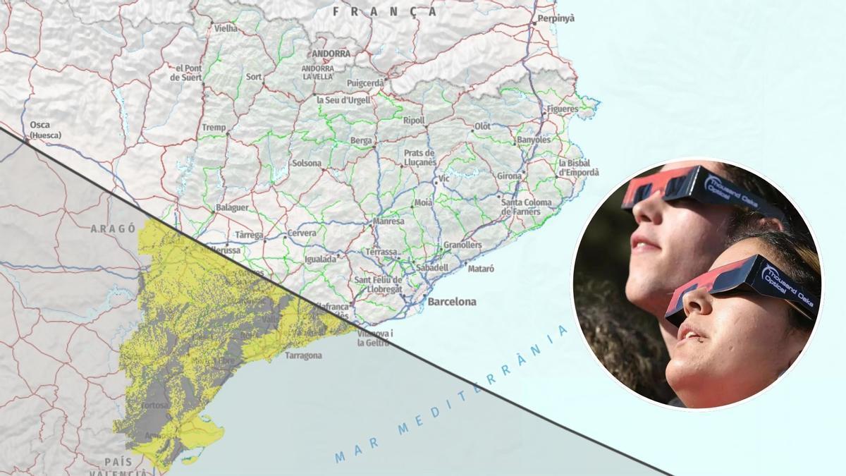 Mosaic amb una captura del mapa de la Generalitat on les zones en groc són les que tindrien millor visibilitat de l'eclipsi