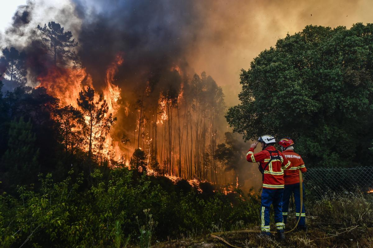Bomberos combaten el fuego en el incendio forestal de Lavradio, Ourem, Portugal, hoy 13 de Julio de 2022. EFE/NUNO ANDRE FERREIRA