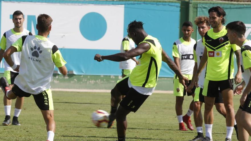 Los futbolistas del Elche, durante un entrenamieto