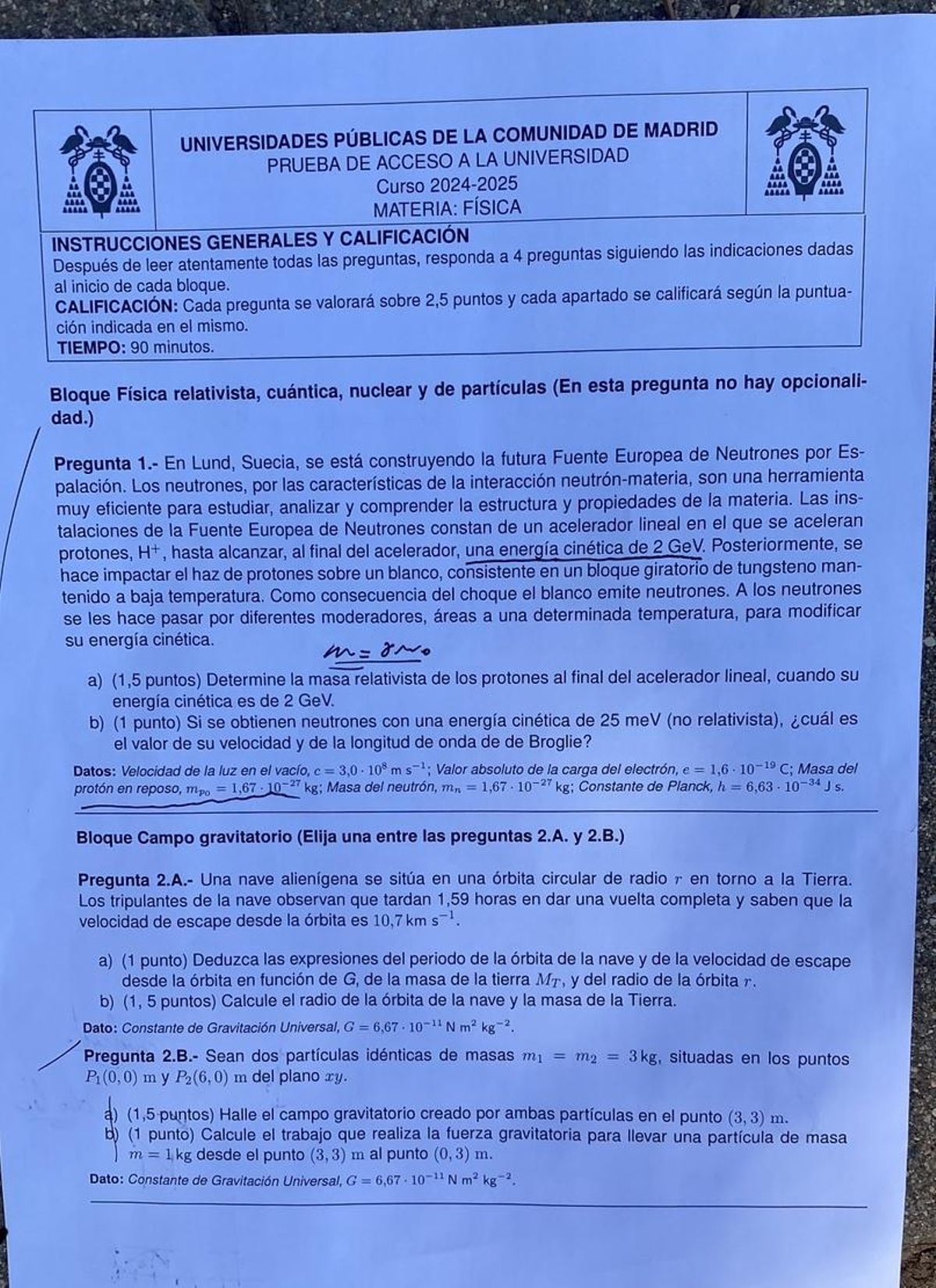 Examen de Física de la PAU de julio en Madrid