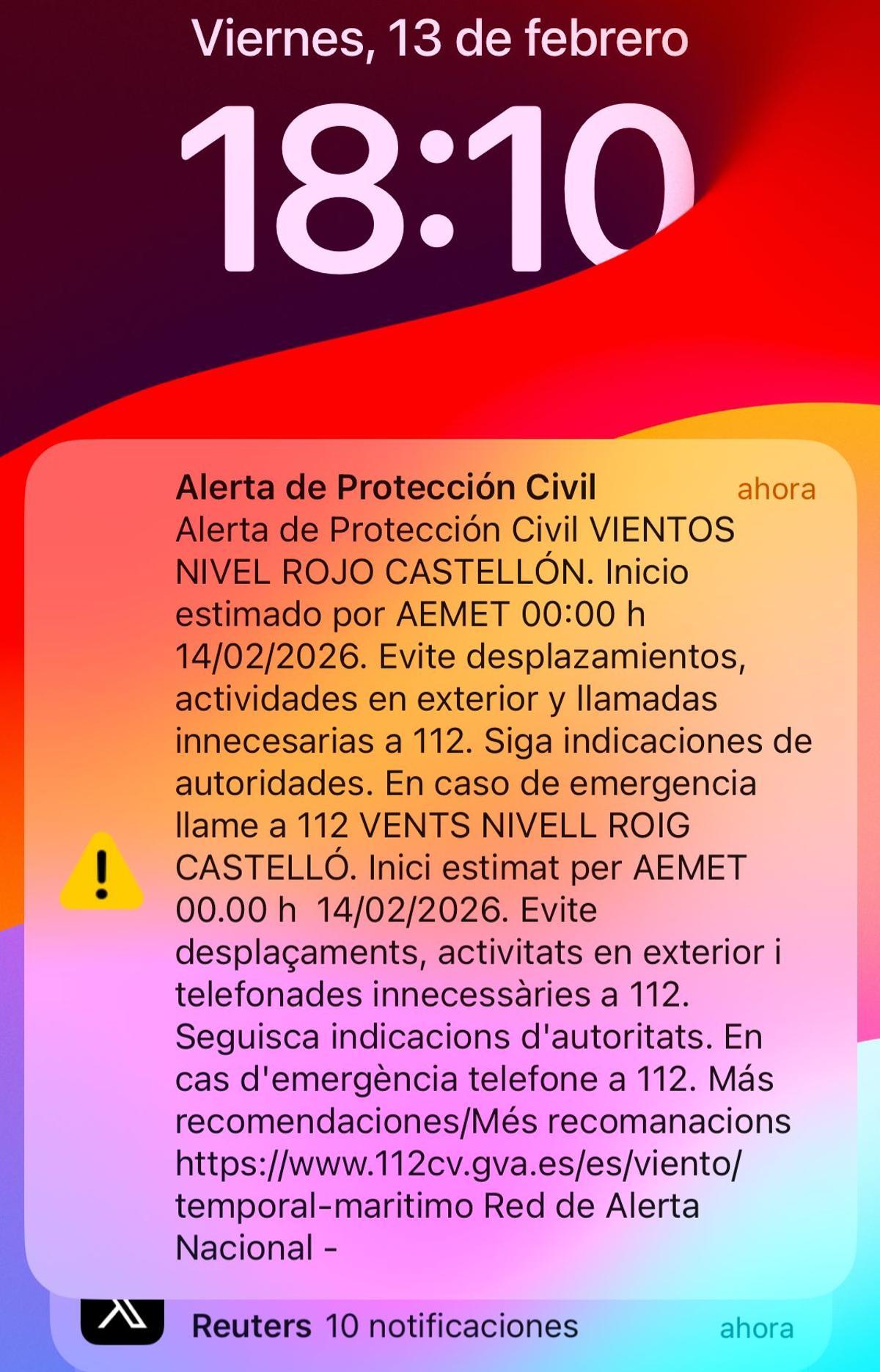 El texto enviado por Emergencias en el Es-Alert.