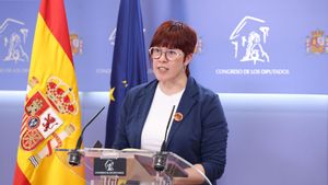 La portavoz de Compromís en el Congreso, Águeda Micó, este martes en rueda de prensa. 