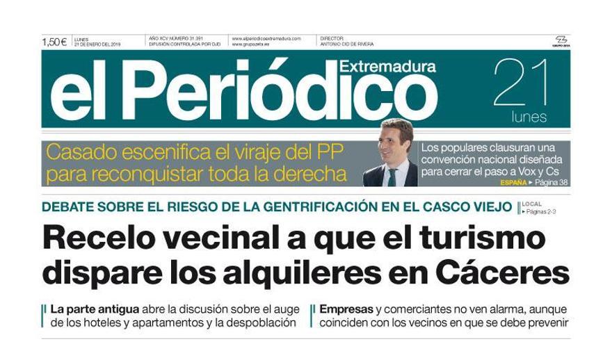 Esta es la portada de EL PERIÓDICO EXTREMADURA correspondiente al día 21 de enero del 2019