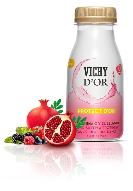 Protect d’Or es una una bebida funcional, elaborada a partir de agua de calidad Vichy Catalan y una combinación de zumo de granada, extractos de frutas y vegetales