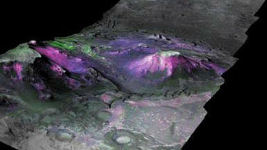 Imagen tridimensional de una región de la Nili Fossae de Marte que fue rida en agua. La abundancia de los filosilicatos (en azul y margenta) indica que el agua actuó fuertemente en el cqmbio de los minerales en el primer periodo geológico de Marte.