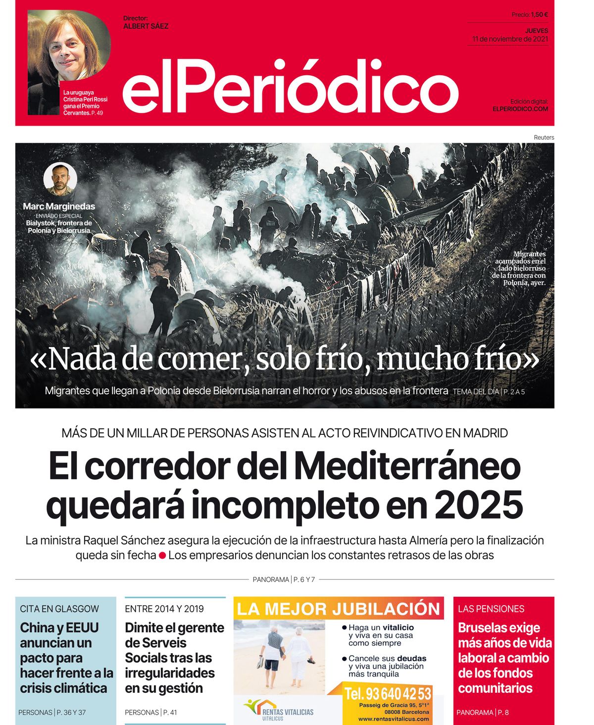 La portada de EL PERIÓDICO de l’11 de novembre del 2021 La portada de EL PERIÓDICO de l’11 de novembre del 2021