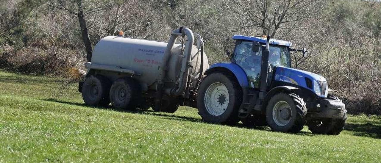 Un tractor esparce purín en una finca de Senra, en Rodeiro. // Bernabé/Gutier