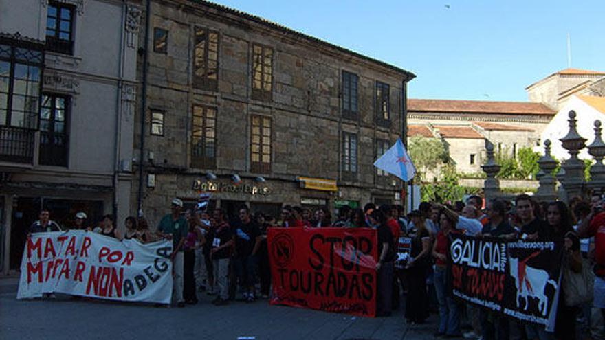 Grupo de manifestantes de los colectivos antitaurinos en Pontevedra.