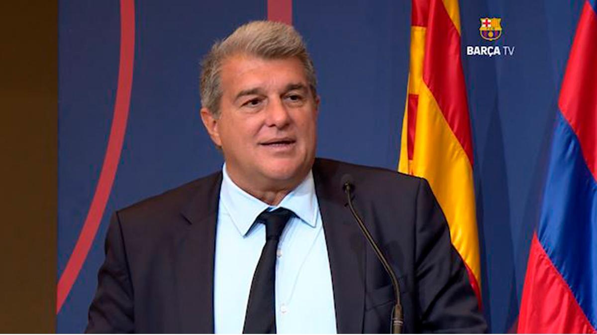 Joan Laporta, presidente del Barça, durante el acto con todos los capitanes del club