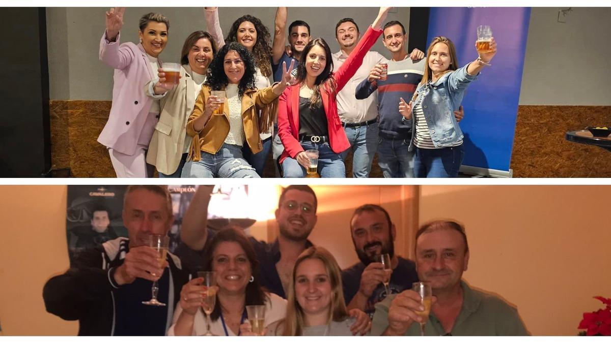 Celebración de los resultados electorales del PP de Torreblanca (arriba) y Torreblanca Decide (abajo).