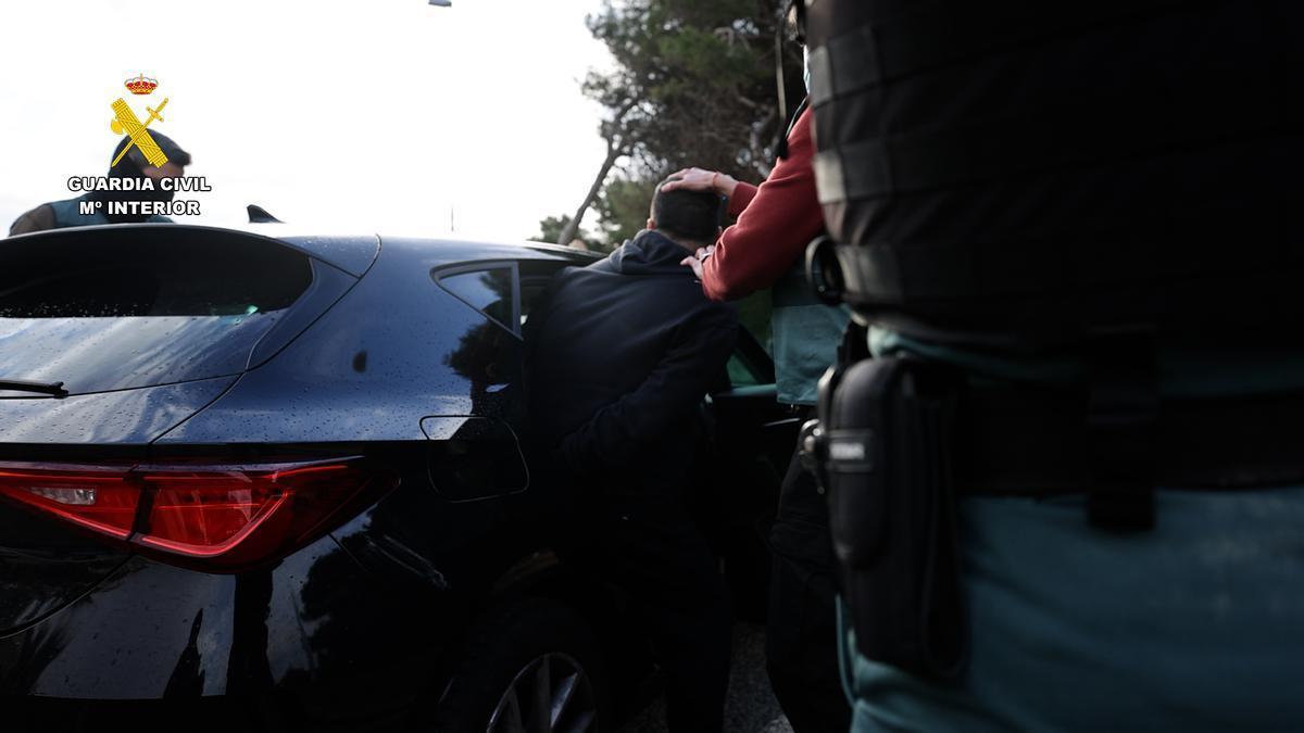 El arrestado por la Guardia Civil en Guardamar es introducido en un coche.