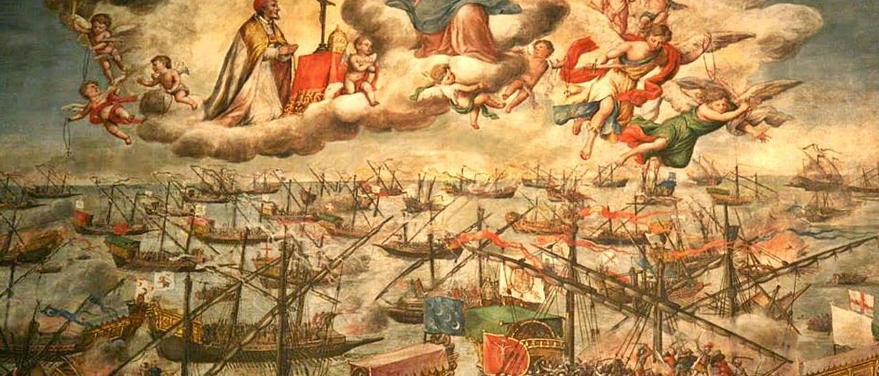 La Virgen del Rosario protege a las naves españolas en la batalla de Lepanto, en una pintura de Lucas Valdés.