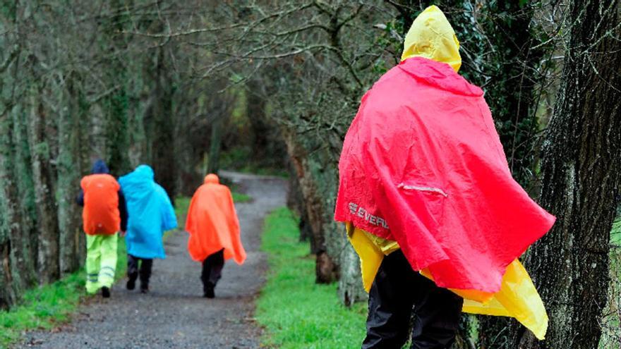 Peregrinos se protegen de la lluvia de estos días en Galicia // FARO