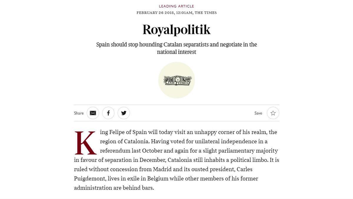 Captura de pantalla del editorial del 'The Times' sobre el Rey y Catalunya.