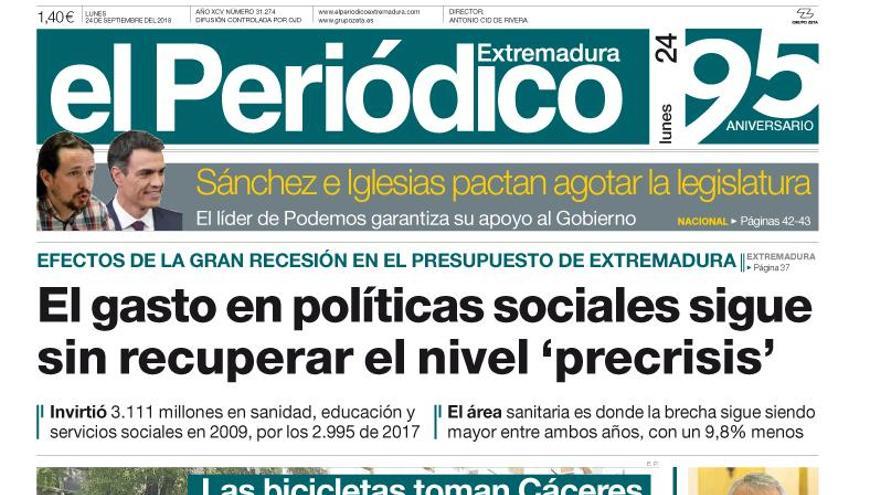 Esta es la portada de EL PERIÓDICO EXTREMADURA correspondiente al día 24 de septiembre del 2018