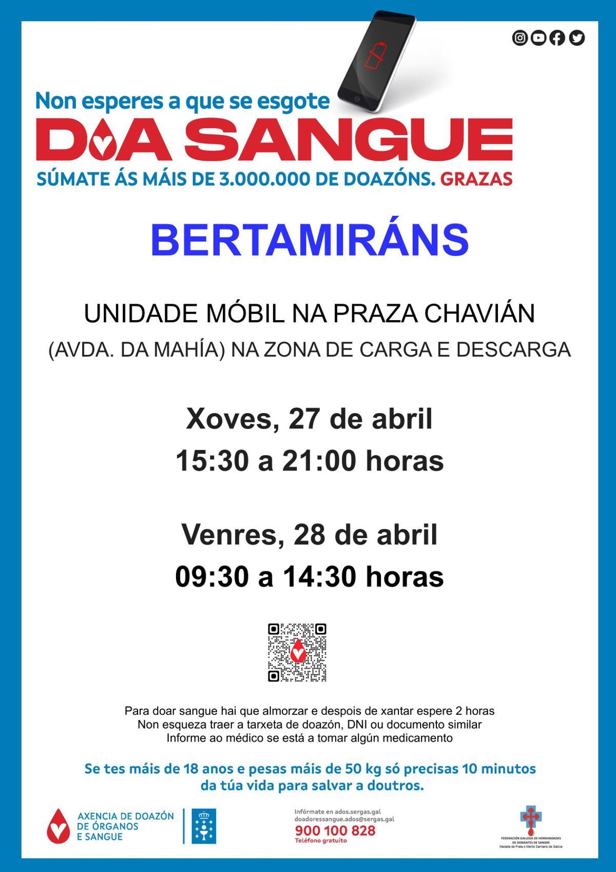 Cartel da doazón de sangue en Bertamiráns