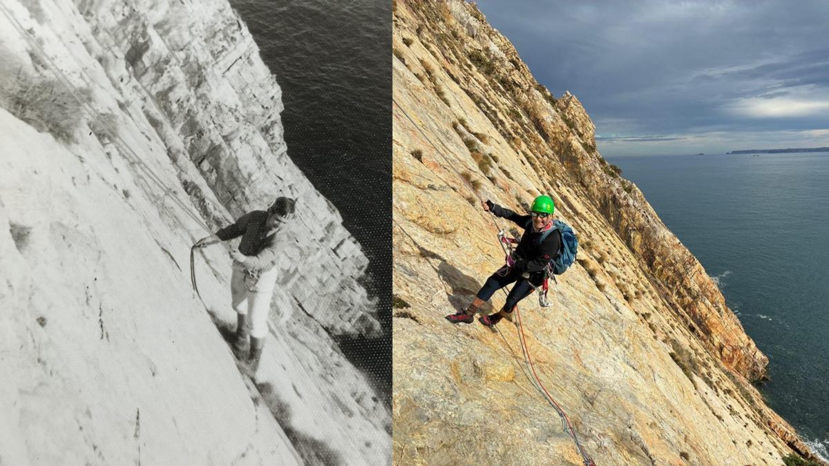 La escalada de Anselmo Menéndez a Peña Blanca, en Castrillón. A la izquierda, en plena subida en los años setenta y a la derecha, la última escalada de "El cubano" en noviembre de 2025.