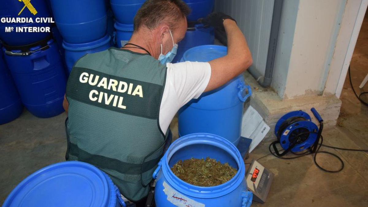 Un agente destapa los bidones llenos de cogollos de marihuana. | GUARDIA CIVIL