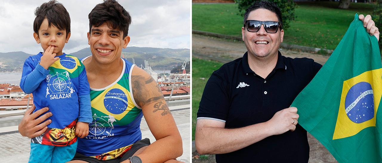 Felipe Salazar con su hijo Theo en la terraza de Vialia y Leonardo Leite con una bandera de su país en Lavadores