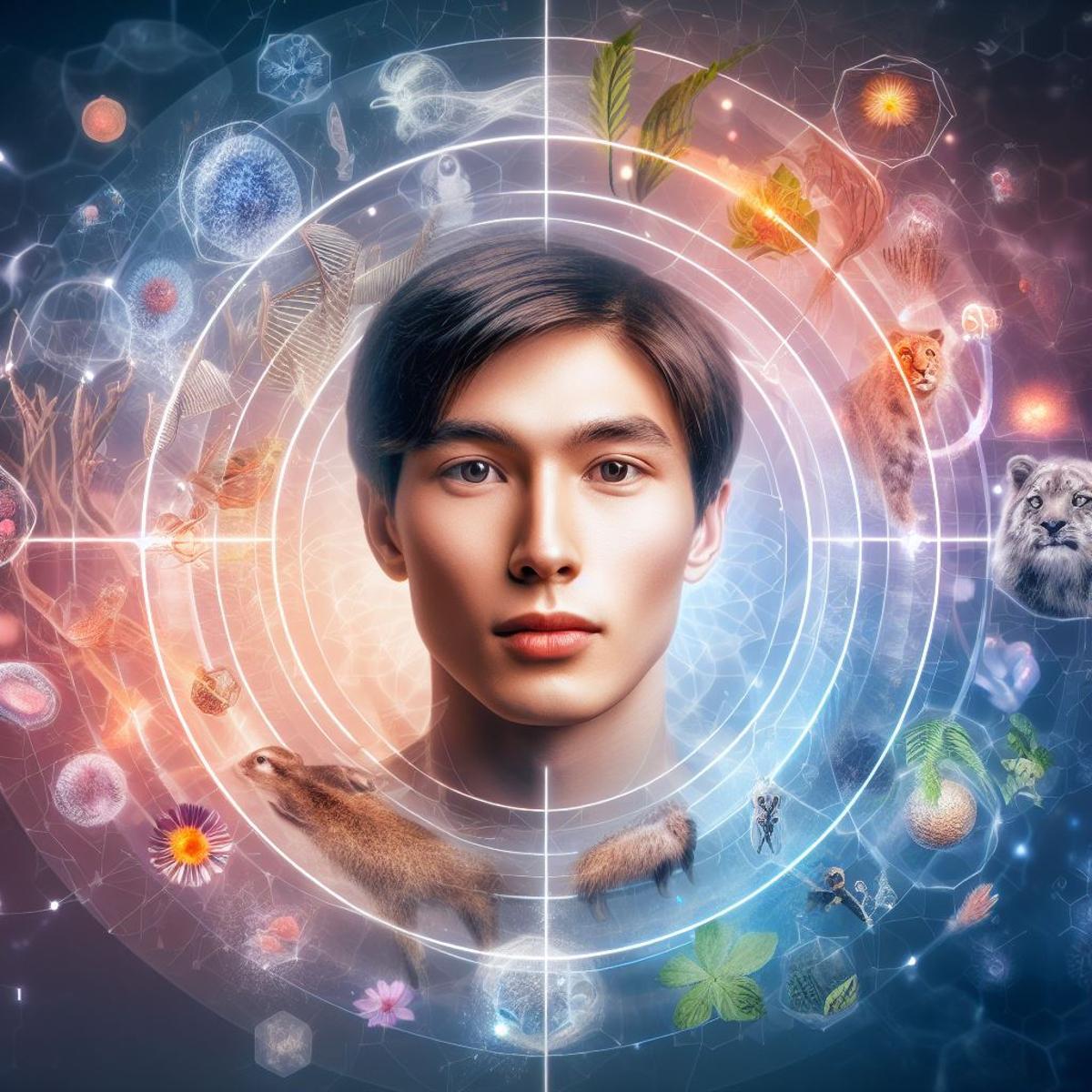 La imagen muestra a una persona de aspecto joven y saludable, rodeada de símbolos de la ciencia y la naturaleza, como ADN, células, plantas y animales.