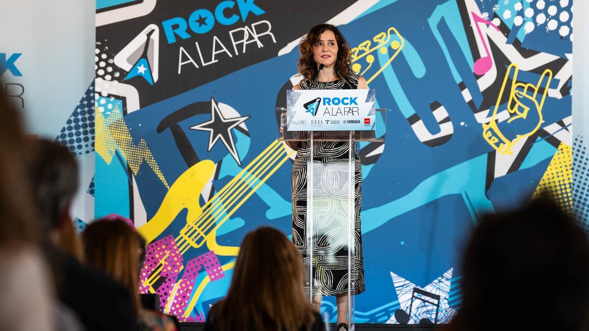 La presidenta de la Comunidad de Madrid, Isabel Díaz Ayuso, interviene durante la presentación del proyecto Rock A LA PAR, de la Fundación A LA PAR, a 14 de junio de 2024