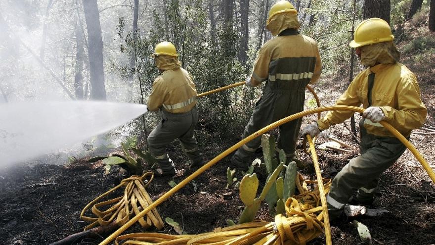 Miembros del cuerpo de bomberos trabajaron en las labores de extinción del incendio, al parecer intencionado. Cerca de 120 hectáreas de pinos y matorral han ardido en el incendio. EFE/RAÚL SANCHIDRIÁN