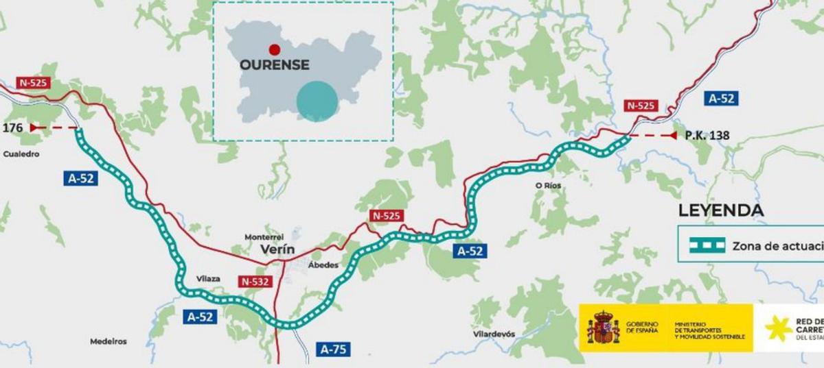 En verde, la zona de obras de la A-52 en el sur-sureste provincial.