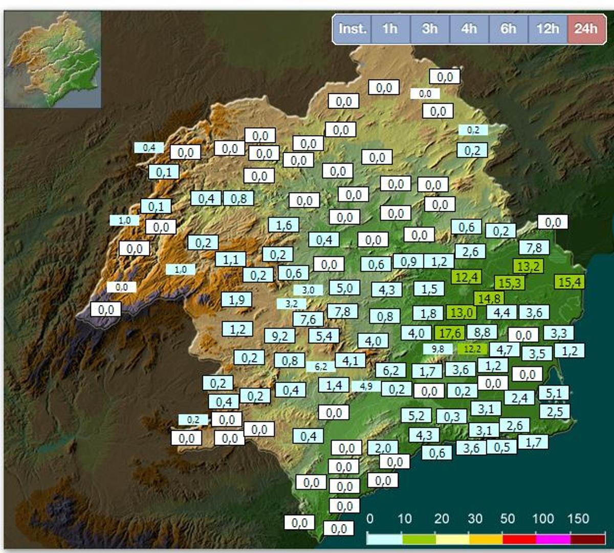 Mapa de la distribución de lluvias en la cuenca del Segura en el que se observa que se han concentrado en las últimas 24 horas en el litoral sur de la Vega Baja