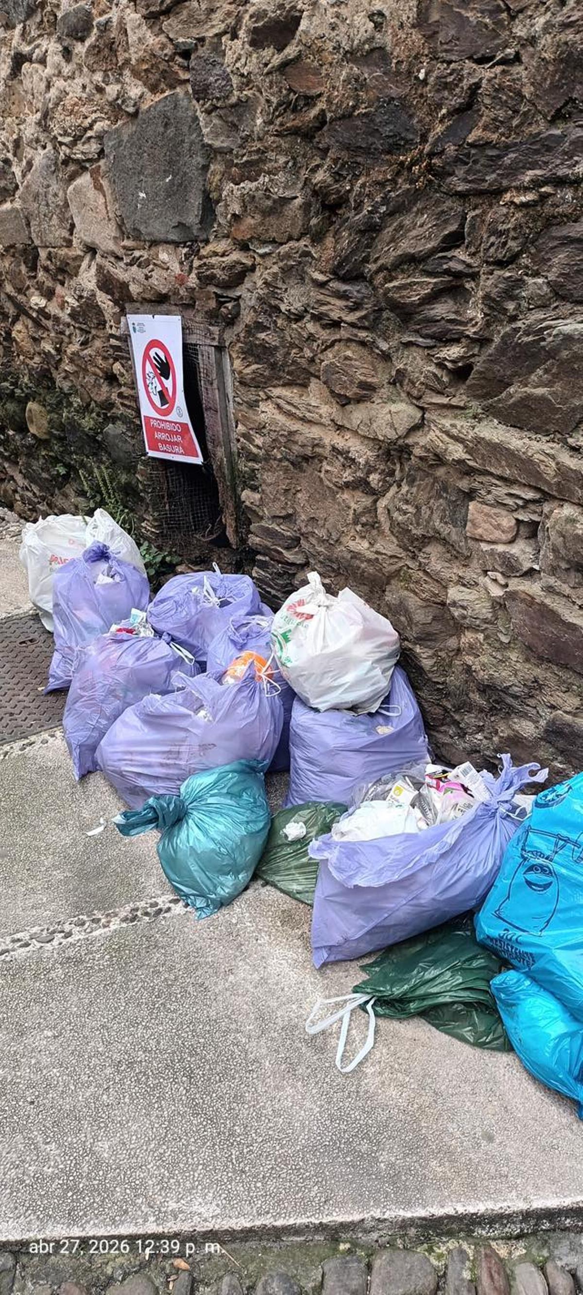 Bolsas de basura en la calle, bajo un cartel que prohibe tirar basura.