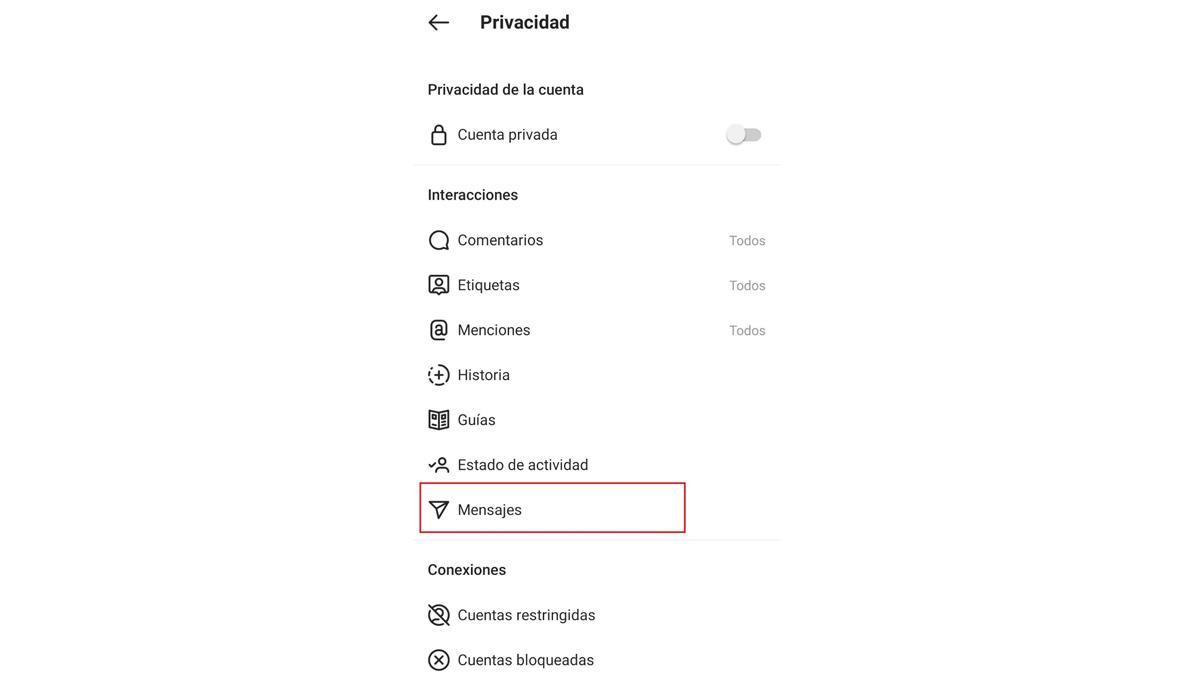 Proceso para dejar de recibir mensajes de perfiles falsos en instagram