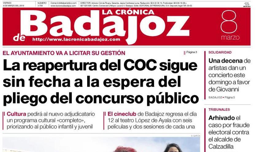Esta es la portada de LA CRÓNICA DE BADAJOZ correspondiente al día 8 de marzo del 2019