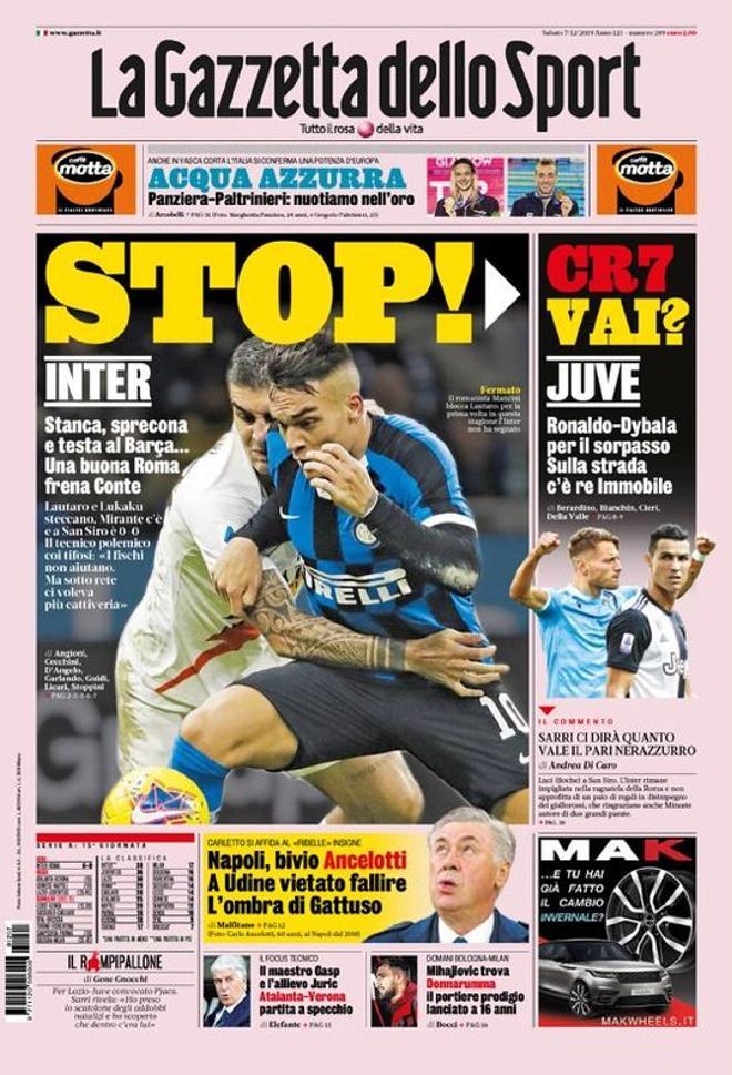 Esta es la portada de La Gazzetta dello Sport del sábado 7 de diciembre