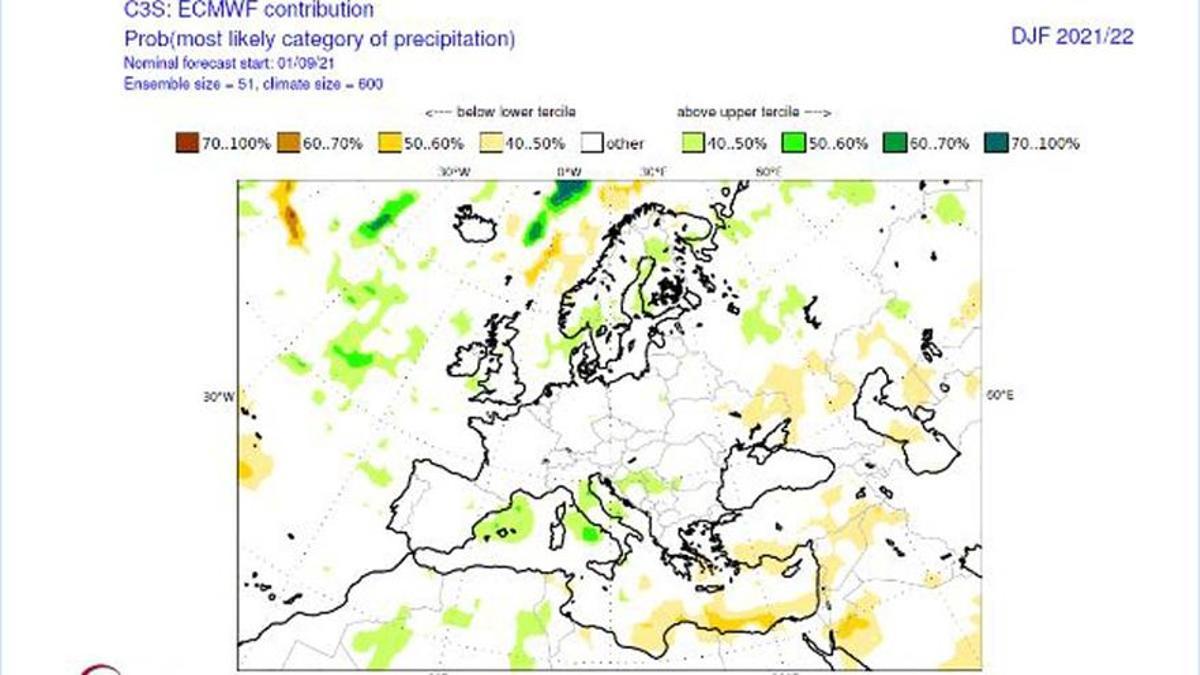 Precipitaciones invernales previstas por el ECMWF.