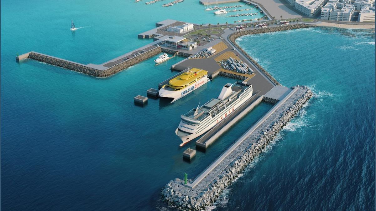 Infografía que refleja el futuro aspecto que tendrá el muelle de Corralejo, en Fuerteventura.